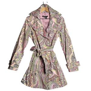 Zara Paisley Trench Coat Pink Paisley Medium Tie Belt Pockets Lined Cape Back